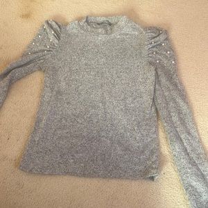Long Sleeve Ruffled Shoulder Top with Pearls